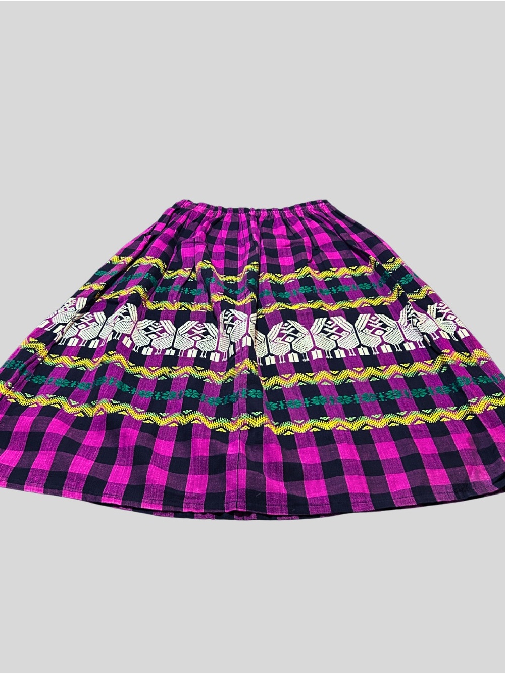 Embroidered Purple and Black Checked Midi Skirt • Handwoven Guatemalan Fabric